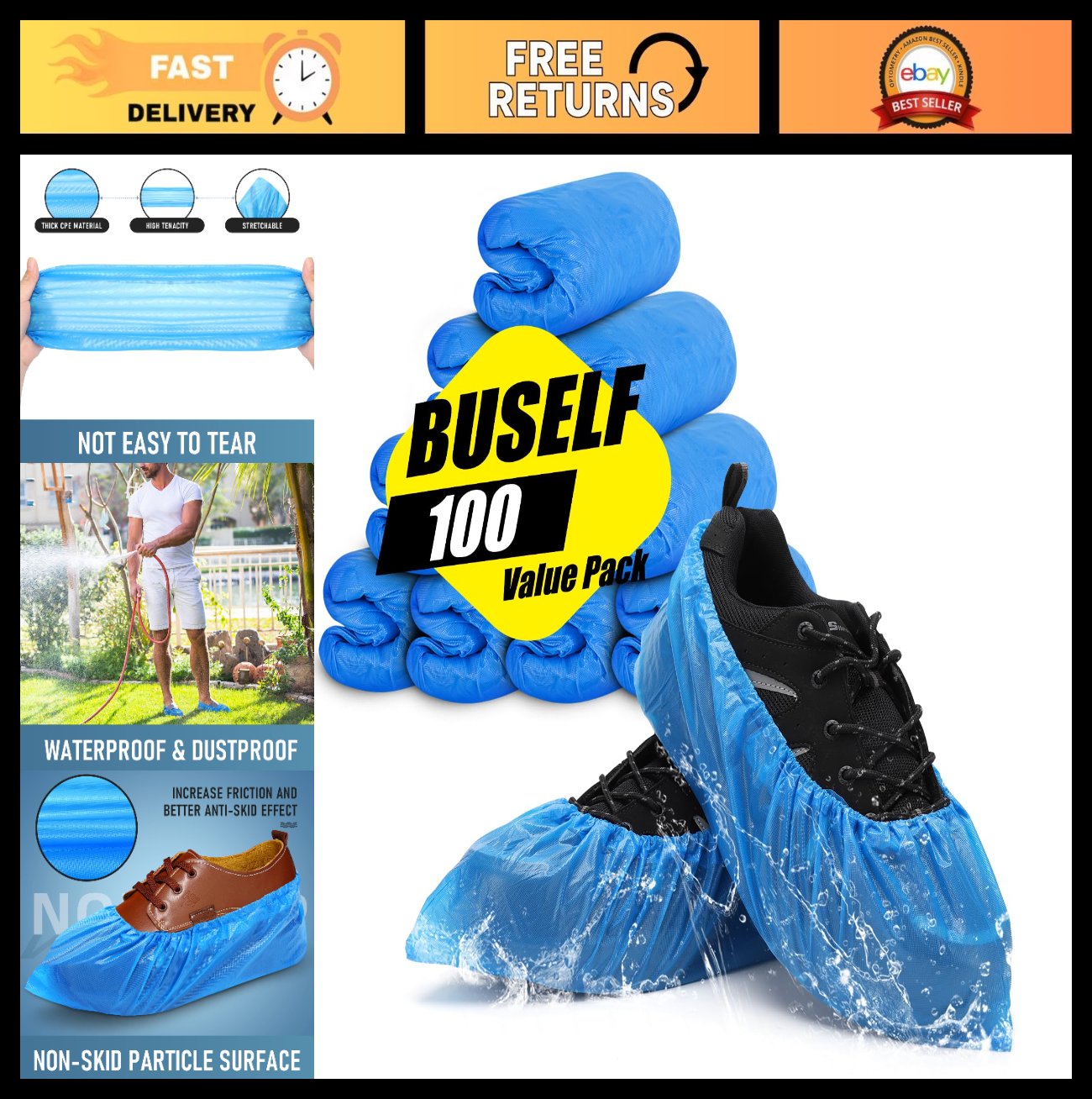 Disposable Non-Slip Shoe Covers - 100 Pack, Waterproof & Recyclable Booties, Fit0
