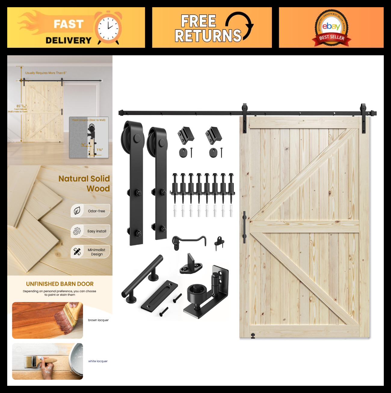 60"x84" Unfinished Solid Spruce Wood Sliding Barn Door & 10ft Hardware Kit   DIY0