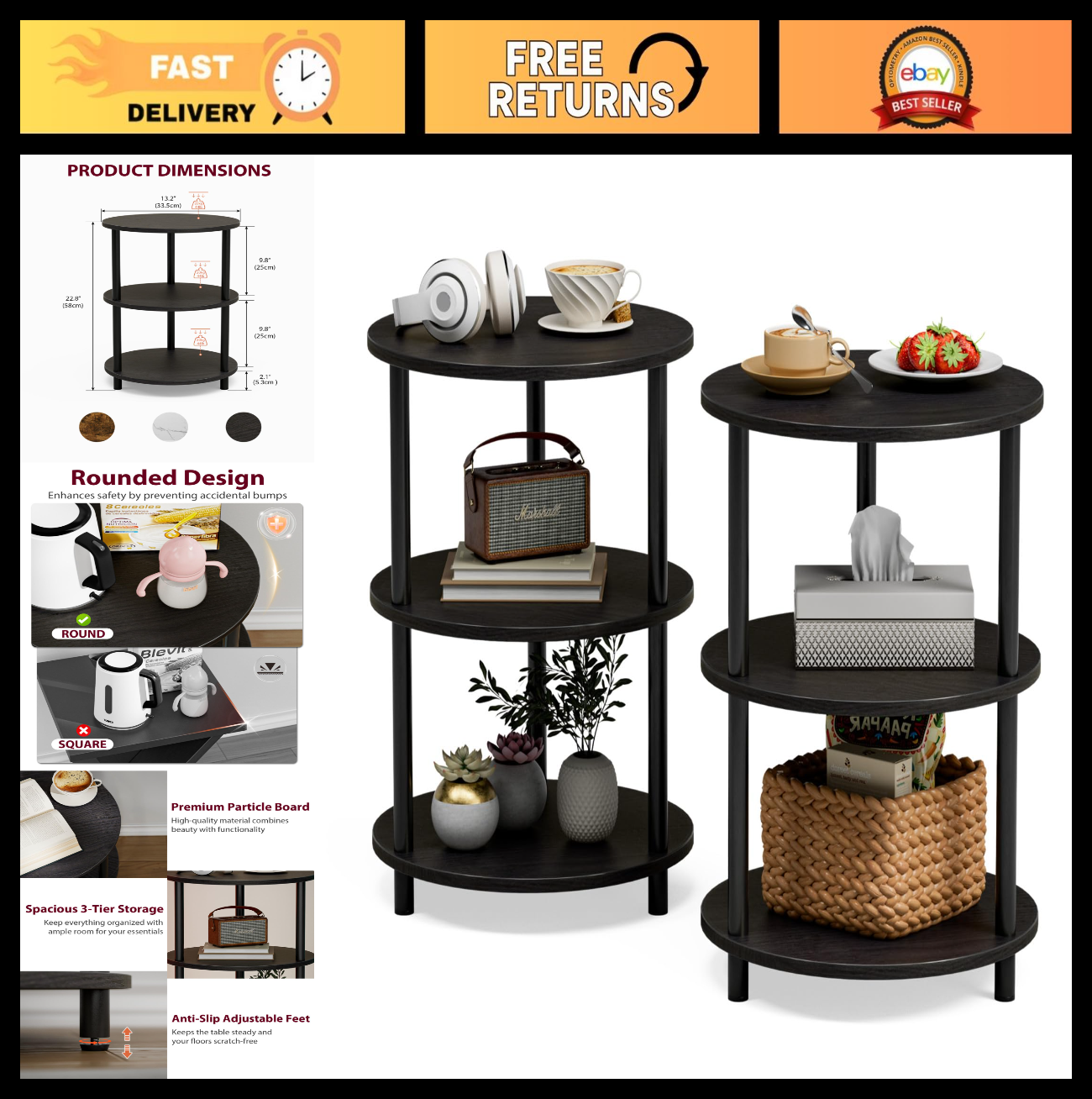 3-Tier Small Round End Table Set of 2 - Vintage Industrial Accent Nightstand for0