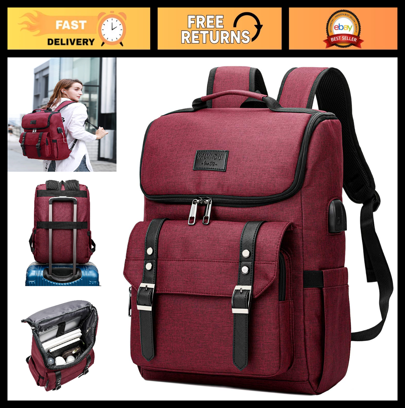Vintage Travel Laptop Backpack with USB Charging Port for 15.6" Laptops - Red0