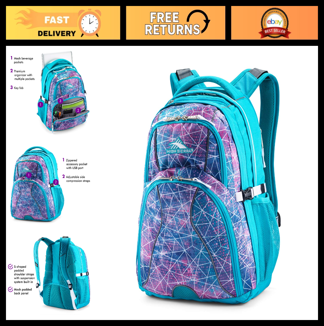 Stylish Laptop Backpack for School & Travel, Sequin Facets/Bluebird/White, One S0
