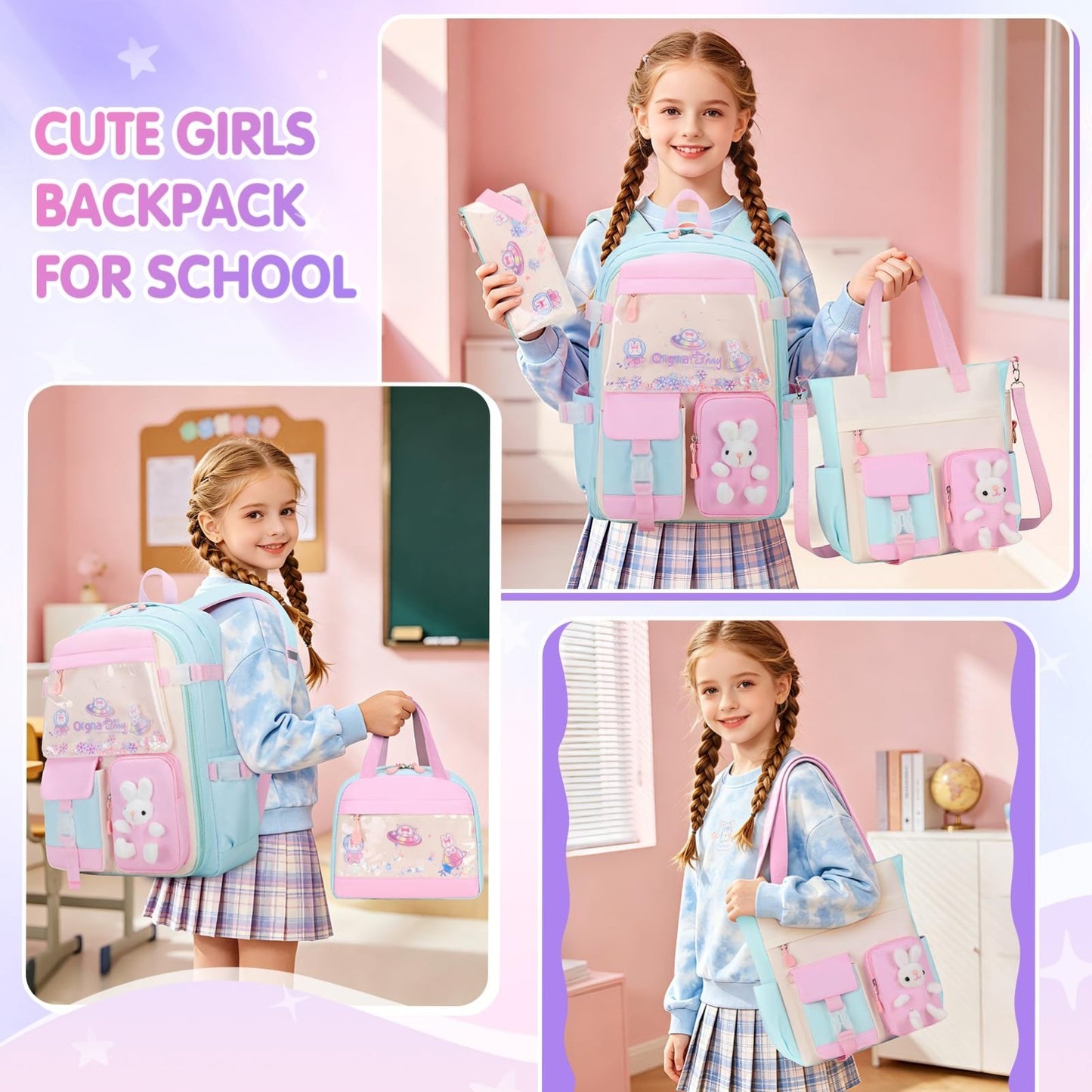 Kawaii Bunny Girls Backpack Set 4PCS   Tote, Lunch Box, Pencil Case   School Bag7