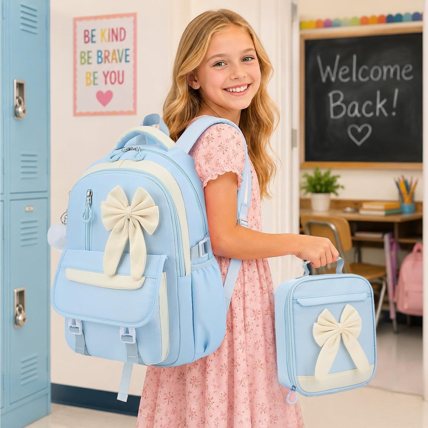 Girls Bow Backpack Set   3PCS with Lunch Bag & Pencil Case   Stylish School Bag2