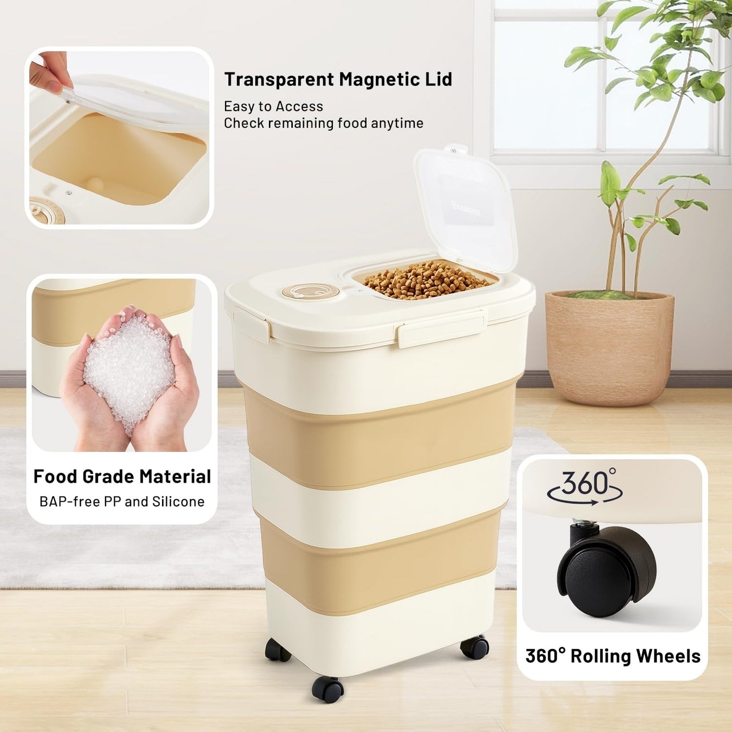 Large Airtight Dog Food Storage Container 40-50lbs with Wheels, Scoop & Date Tra3