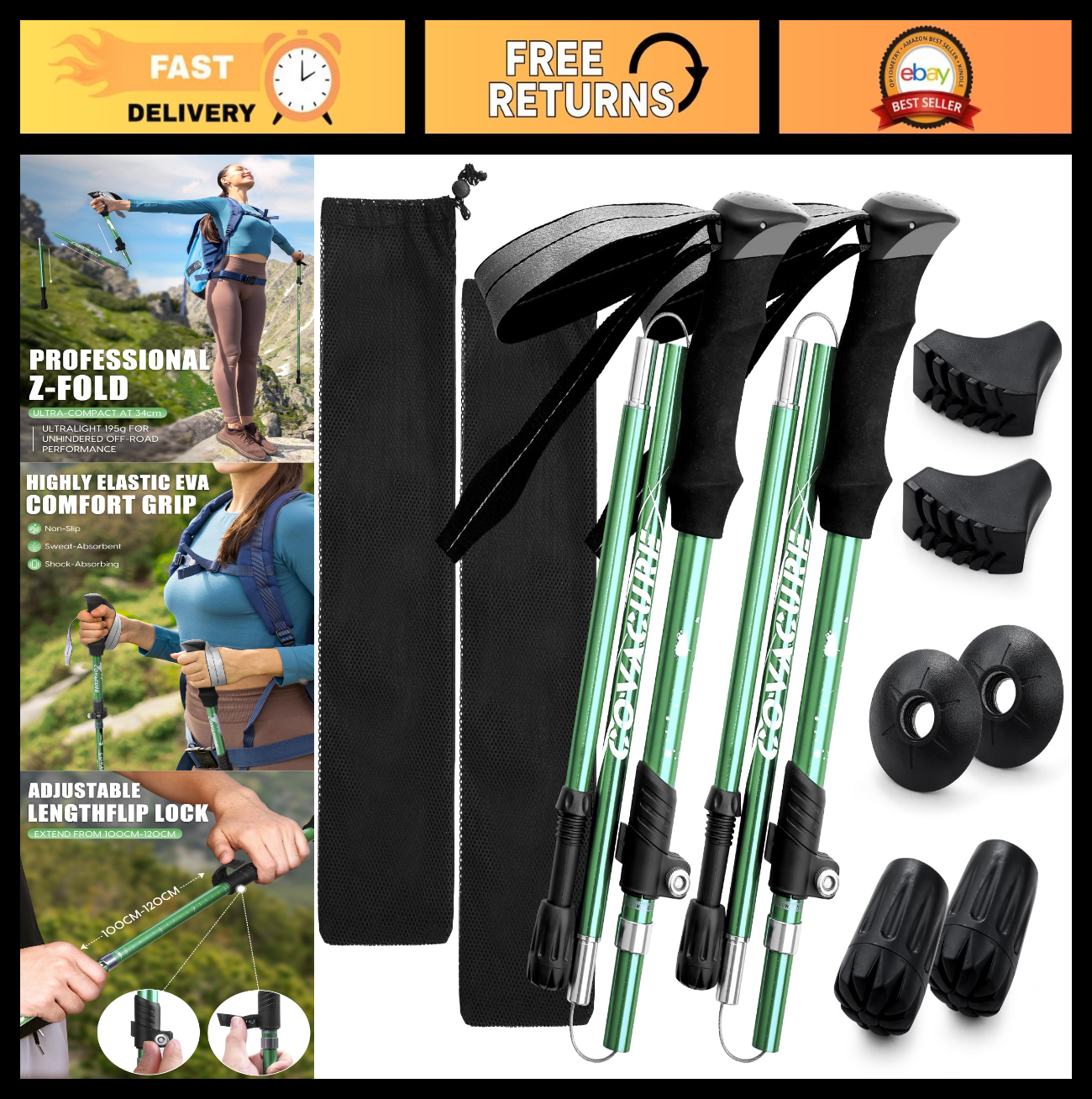 Collapsible Trekking Poles - Lightweight Aluminum Walking Sticks for Hiking, Cam0