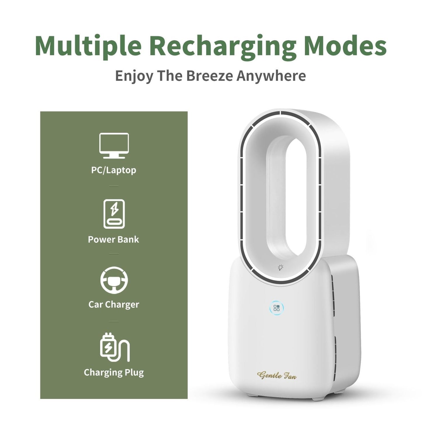 Rechargeable Bladeless Desk Fan 11.8”   5 Color Ambient Lights, Touch Control, Q5