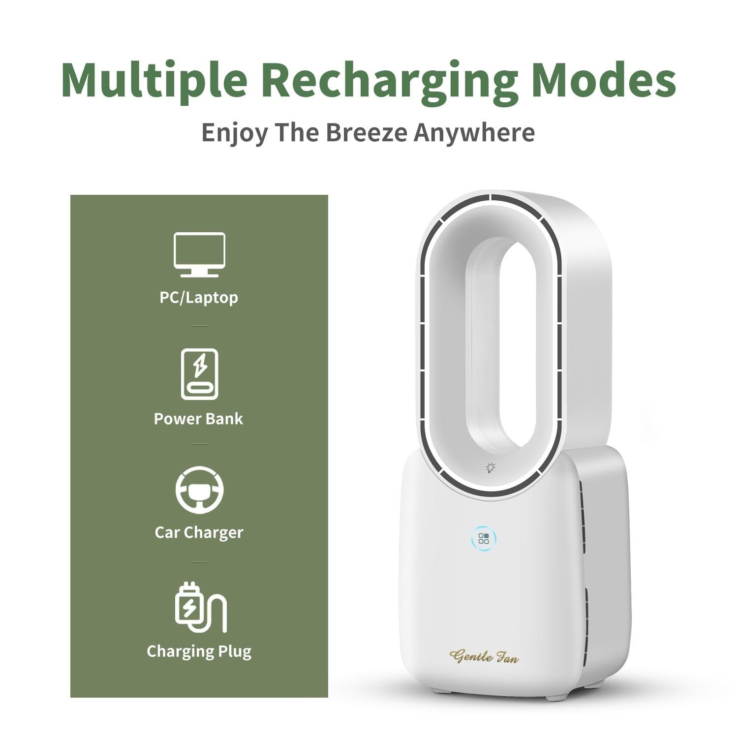 Rechargeable Bladeless Desk Fan 11.8”   5 Color Ambient Lights, Touch Control, Q5