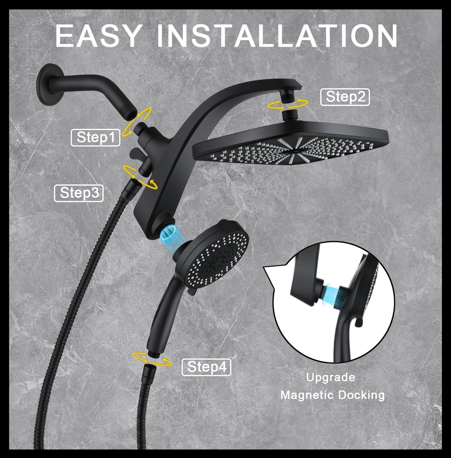 12" High Pressure Rain Shower Head & Handheld Combo, 9 Spray Settings, Magnetic8