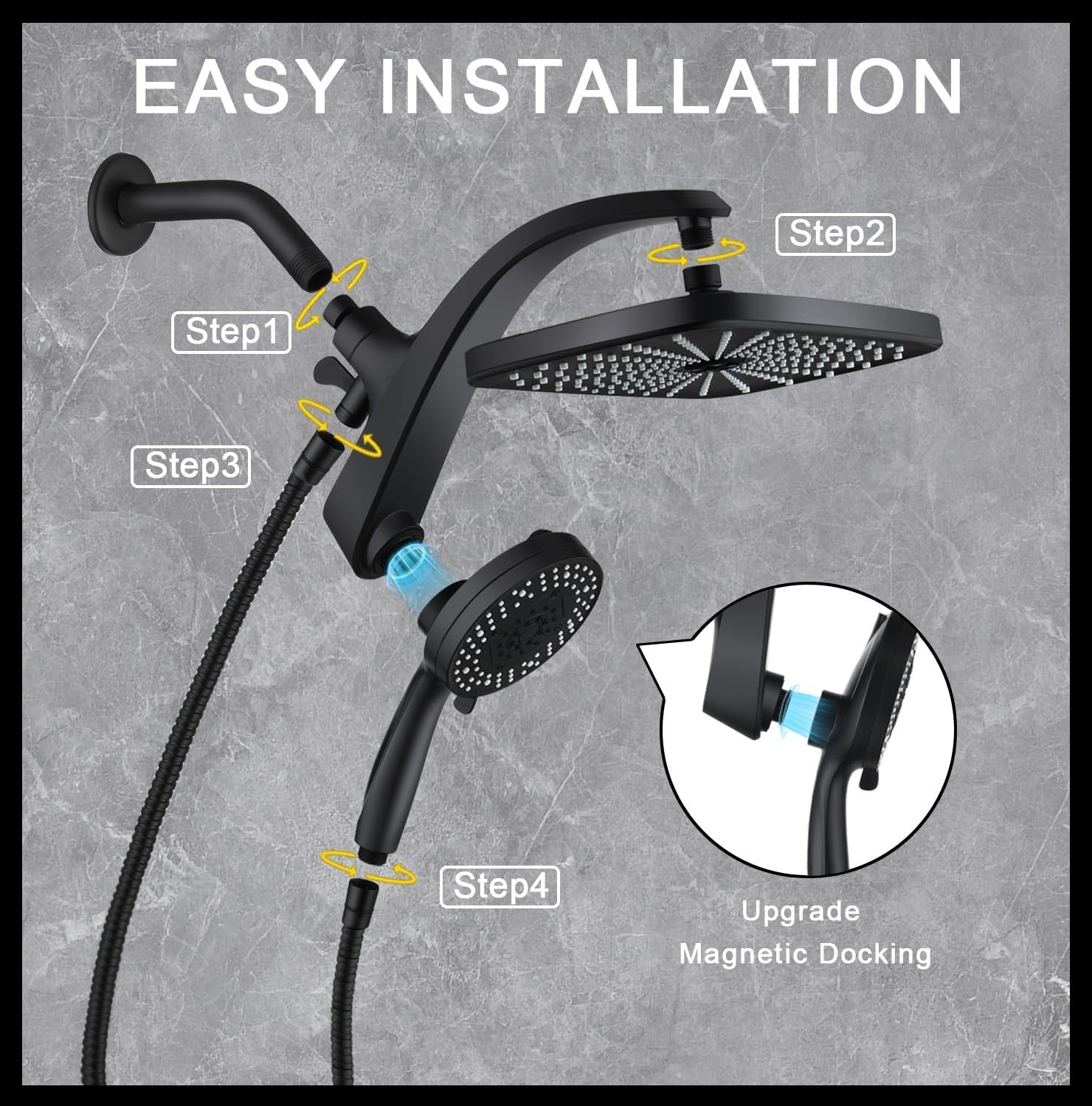 12" High Pressure Rain Shower Head & Handheld Combo, 9 Spray Settings, Magnetic8