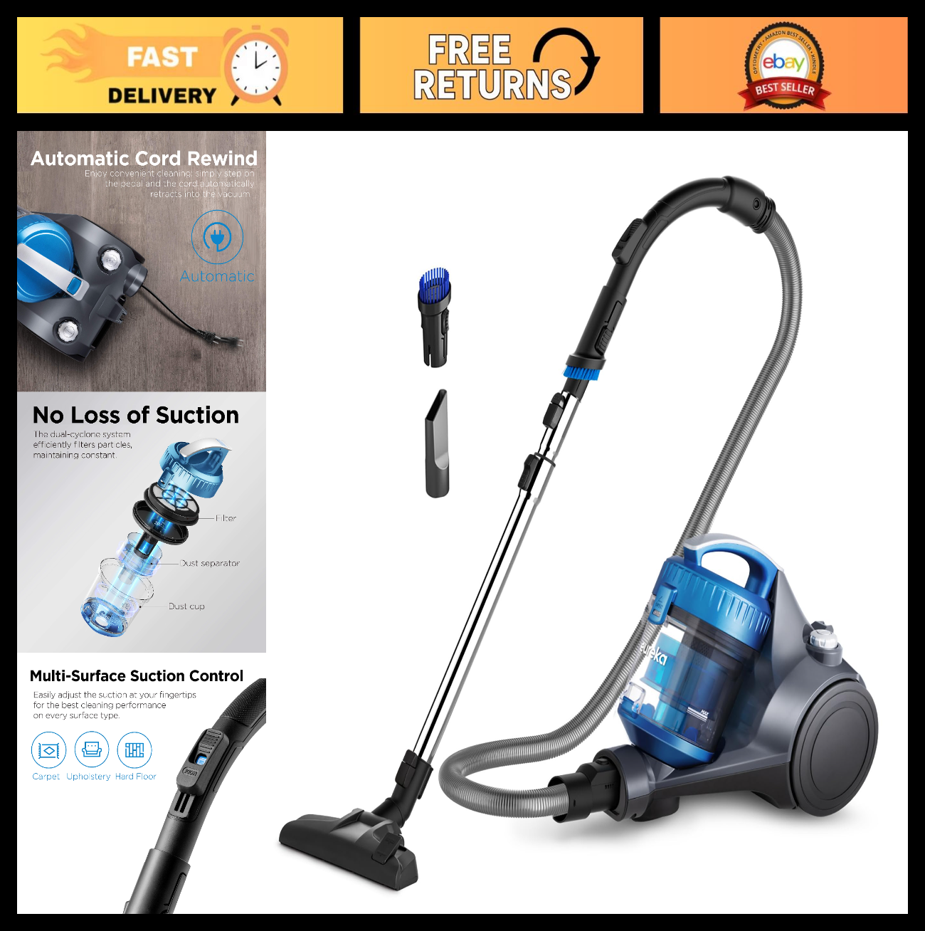 Lightweight Bagless Canister Vacuum Cleaner for Carpets & Hard Floors, Blue0