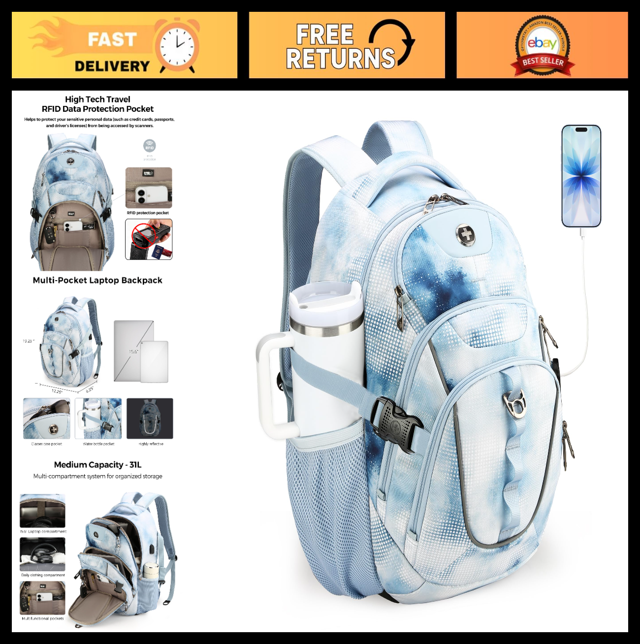 31L Laptop Backpack with USB Charging Port, Waterproof Travel Bag for Men0
