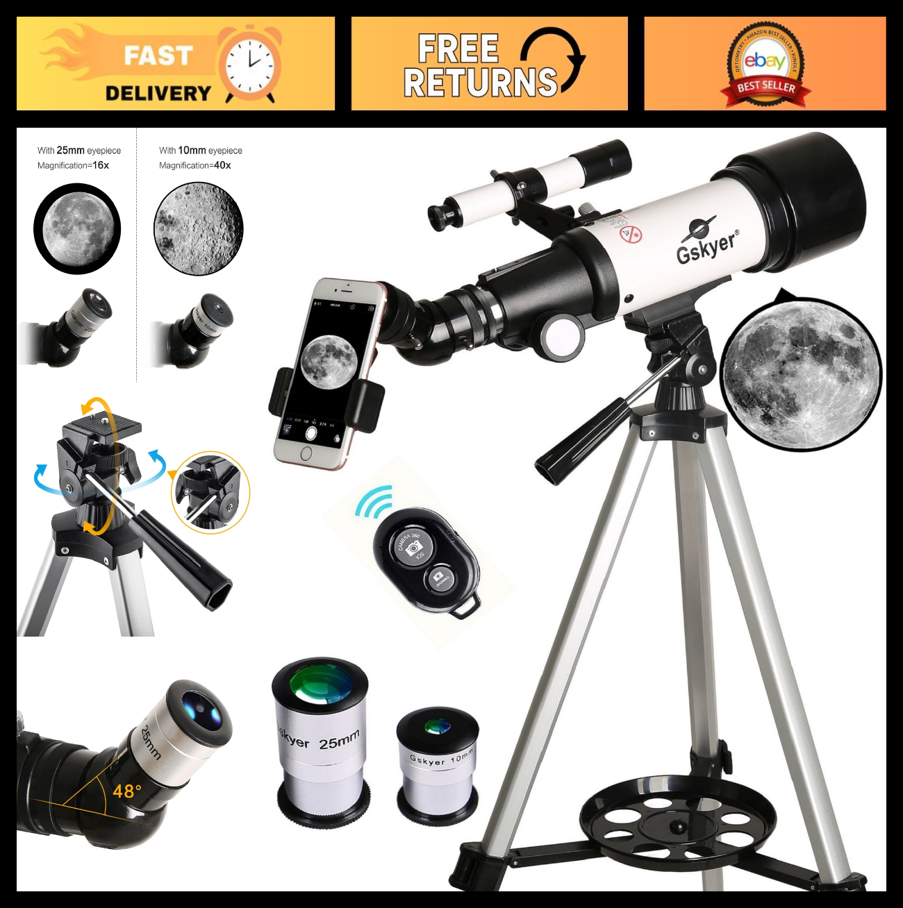 70mm Aperture 400mm Refracting Telescope for Kids & Beginners   Travel Kit, Phon0