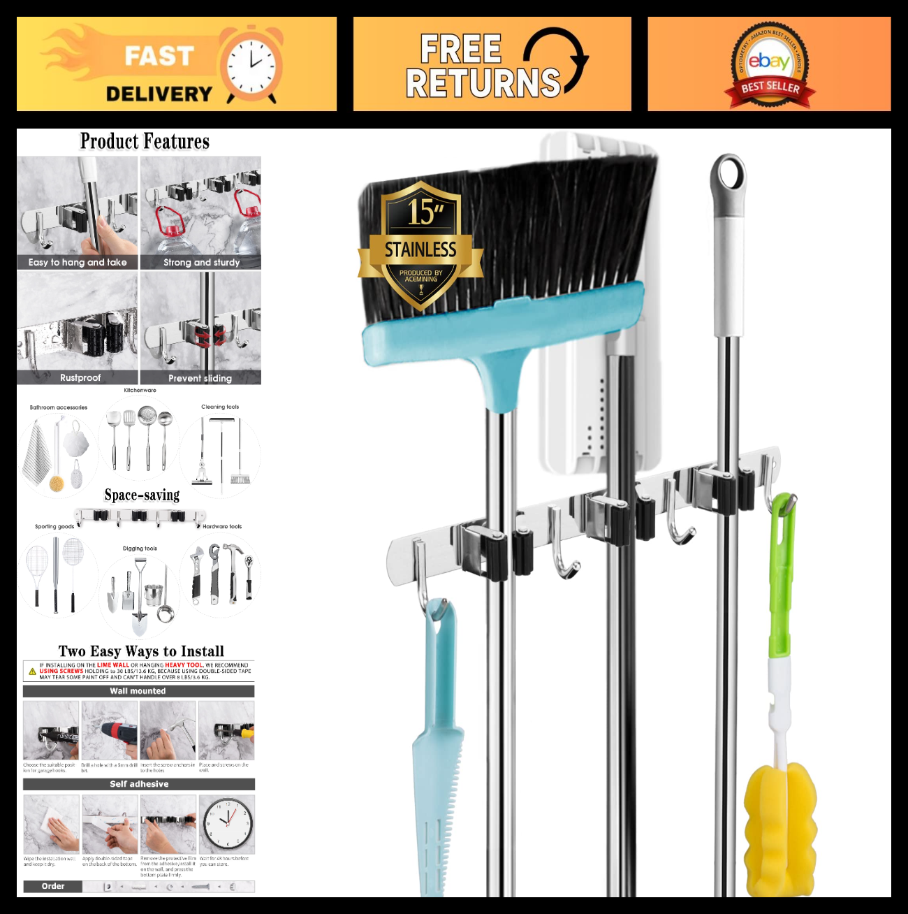 Heavy Duty Wall Mount Broom Holder - 3 Racks & 4 Hooks Mop Organizer Storage0