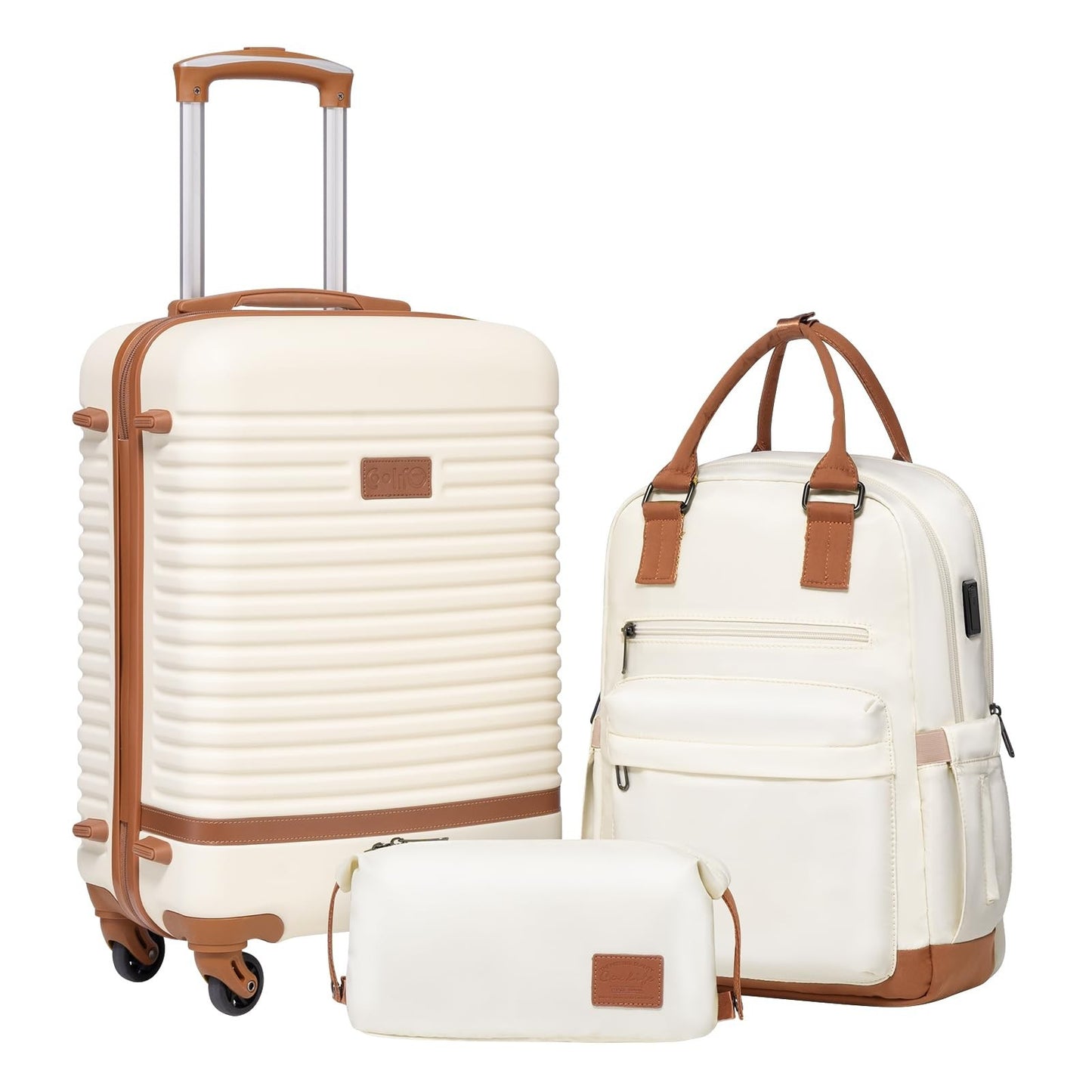 3-Piece White Luggage Set - Carry On Suitcase with 360° Spinner Wheels, USB Pock1