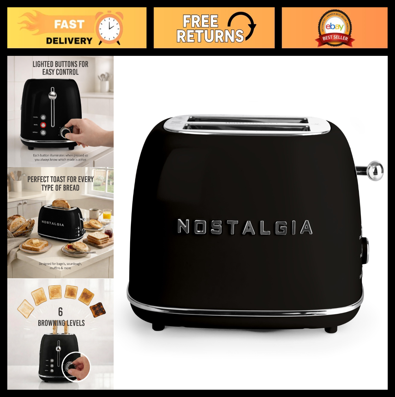 Retro 2 Slice Toaster   Vintage Design, Wide Slots, Crumb Tray, 6 Toast Levels0