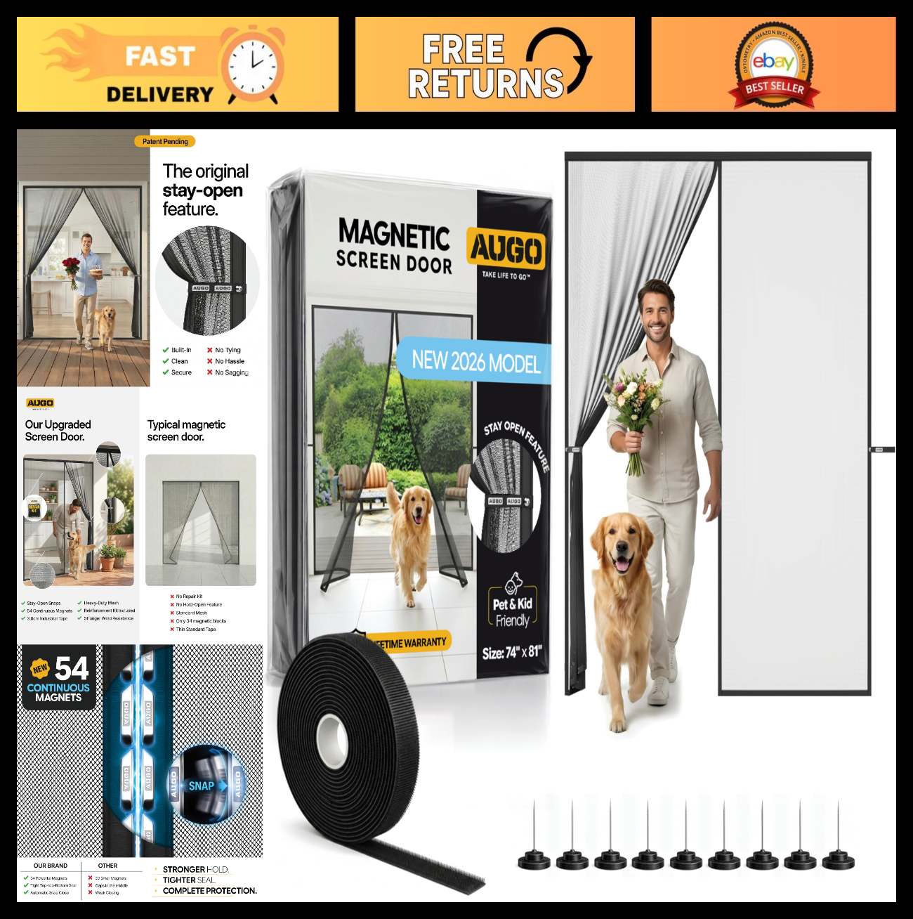 Magnetic Screen Door   Self Sealing Heavy Duty Mesh, Hands Free Bug Barrier, Pet0