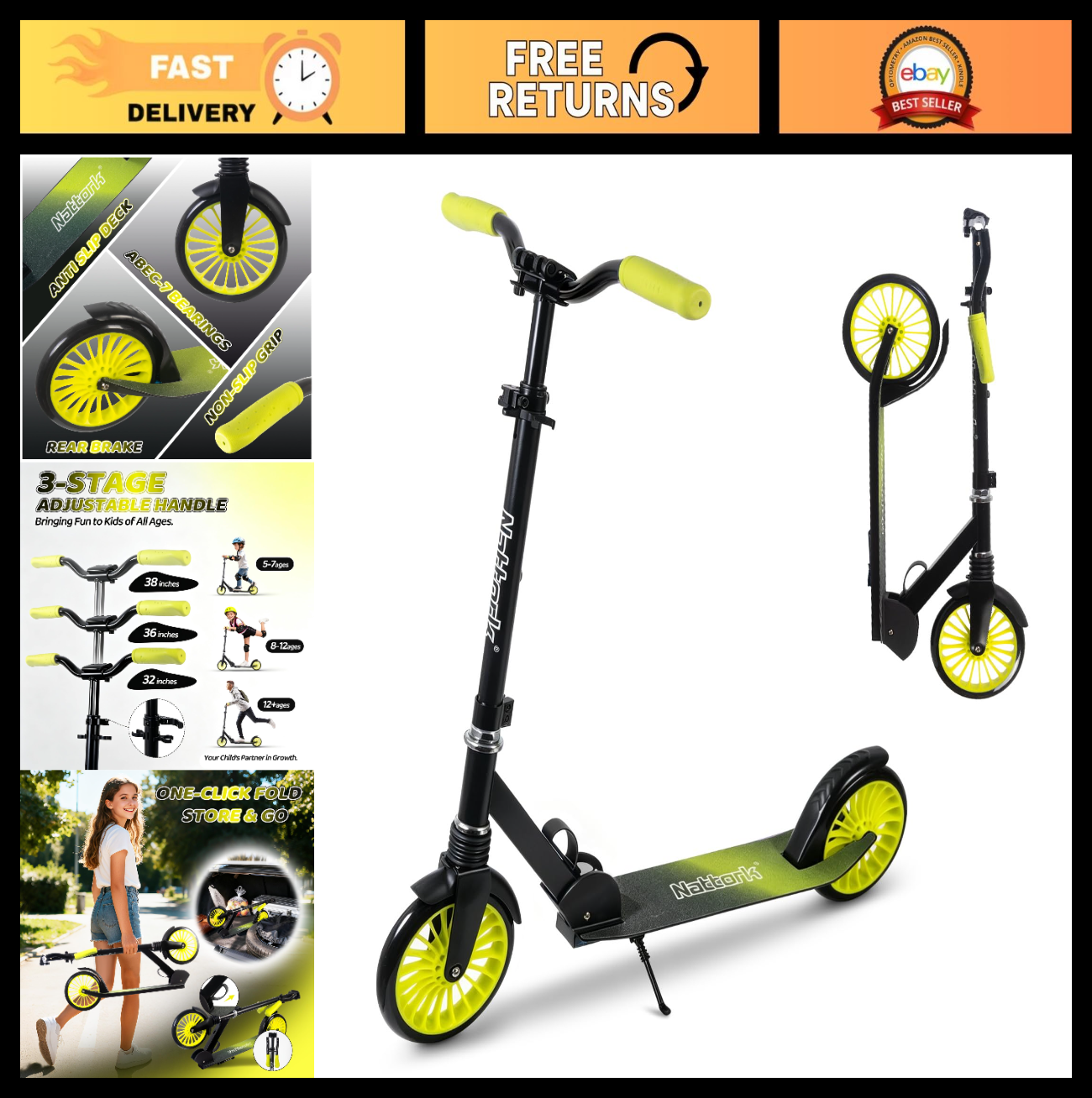 Adjustable Height Kick Scooter for Kids & Teens, 240 LBS Max Load, Foldable, 8"0