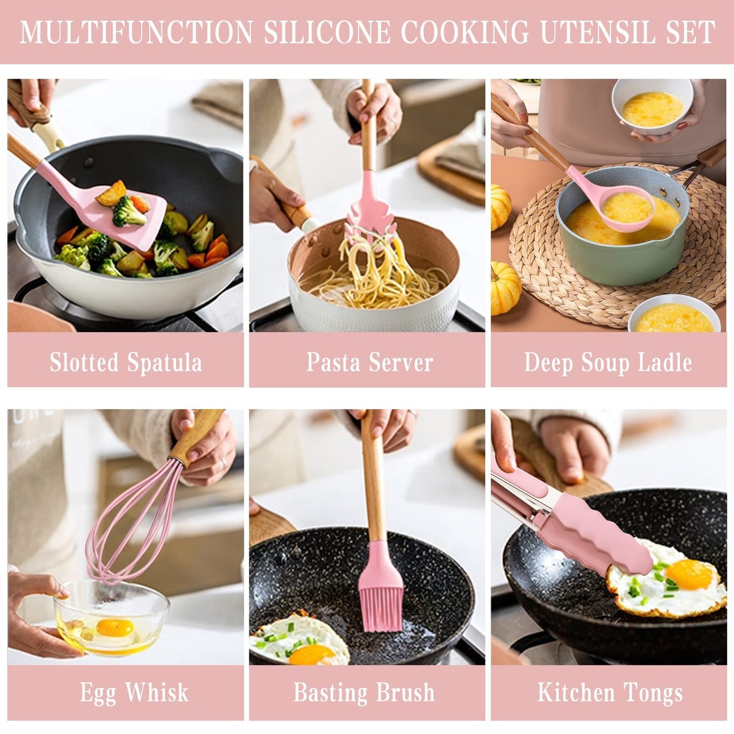 33 Piece Silicone Kitchen Utensils Set with Stand, Non Stick, Wooden Handle, Pin4