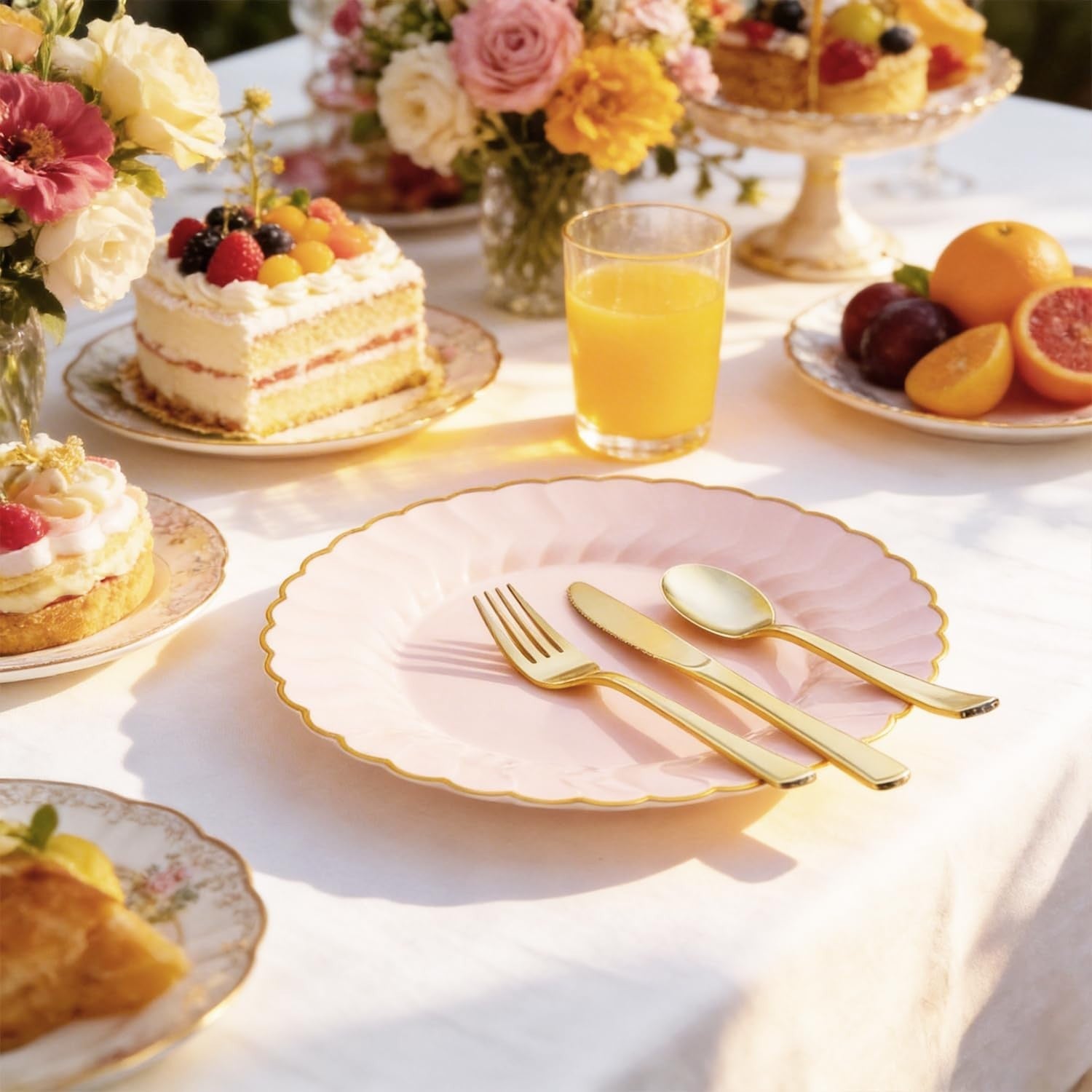 125pcs Pink Scalloped Disposable Plates & Gold Silverware for Party, Baby Shower5