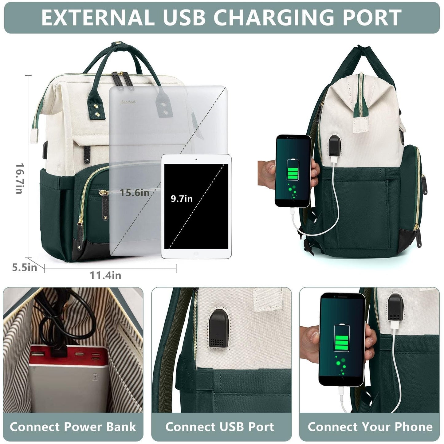 15.6" Laptop Backpack for Women   USB Charging, Large Travel Work Bag, Casual Da4