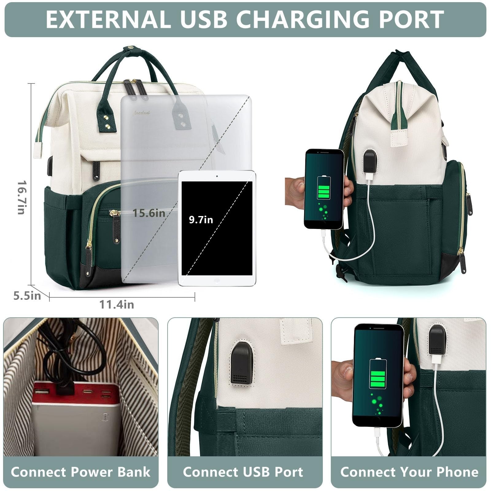 15.6" Laptop Backpack for Women   USB Charging, Large Travel Work Bag, Casual Da4