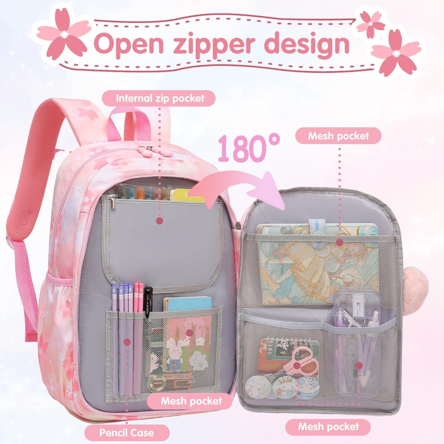 Stylish Girls School Backpack   17" Pink Book Bag with Multiple Pockets, Splash 3