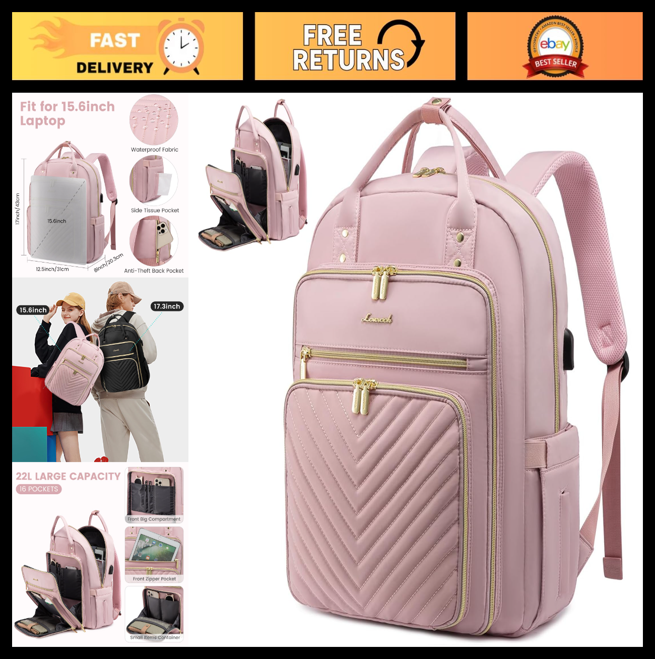 Stylish 15.6" Laptop Backpack for Women, Waterproof Daypack with USB Port, Pink0