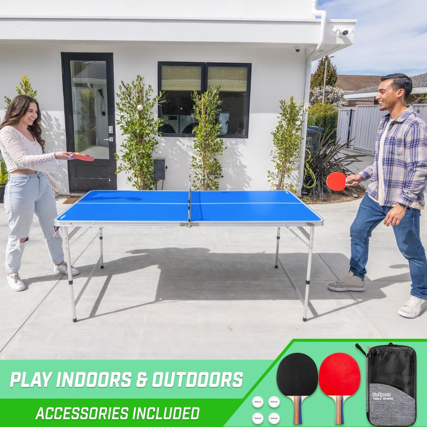 Adjustable Height 6x3 ft Table Tennis Table Set - Indoor/Outdoor Play - Green/Bl5
