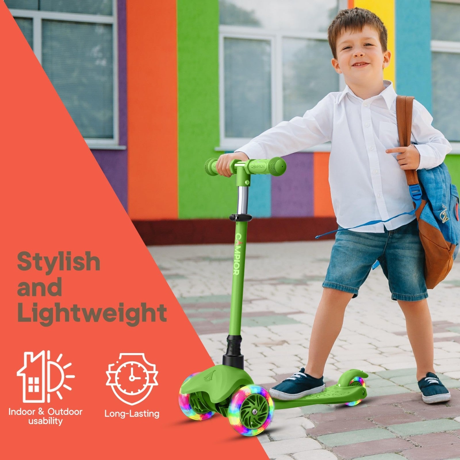 Green Mini 3-Wheel Kids Scooter - LED Light-Up Wheels, Adjustable Handlebar, Ant9