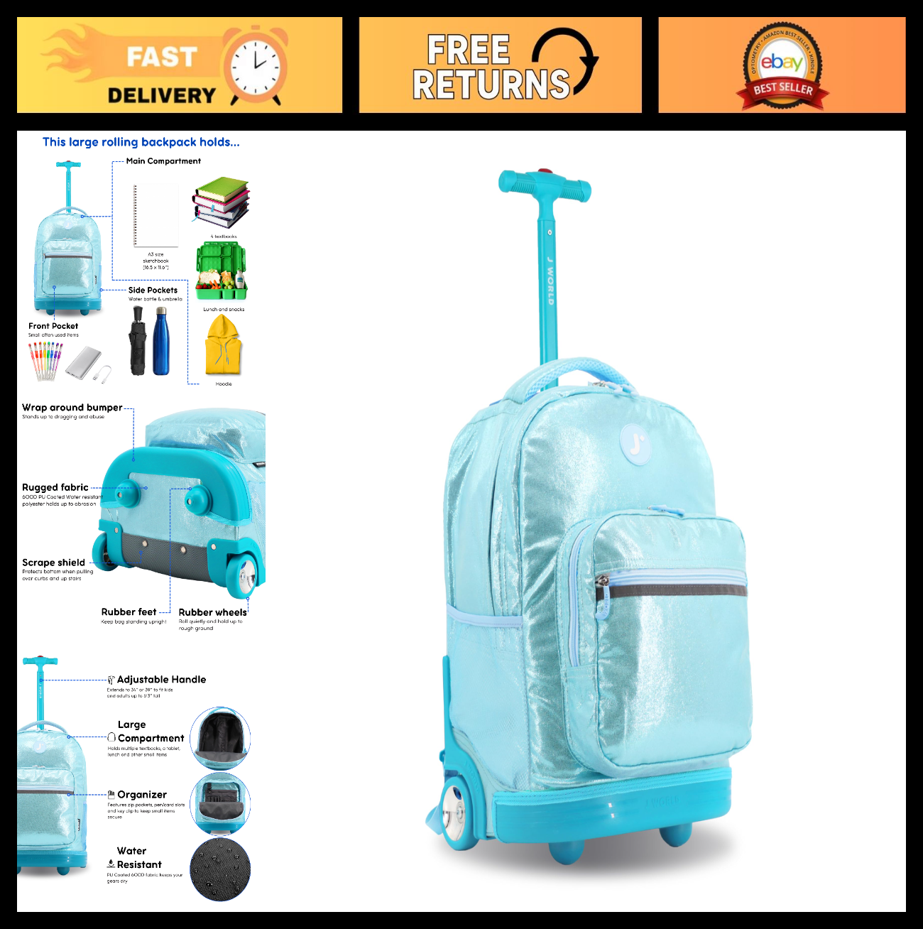 Kids Rolling Backpack with Wheels, School Roller Bookbag for Girls & Boys, 18"x10