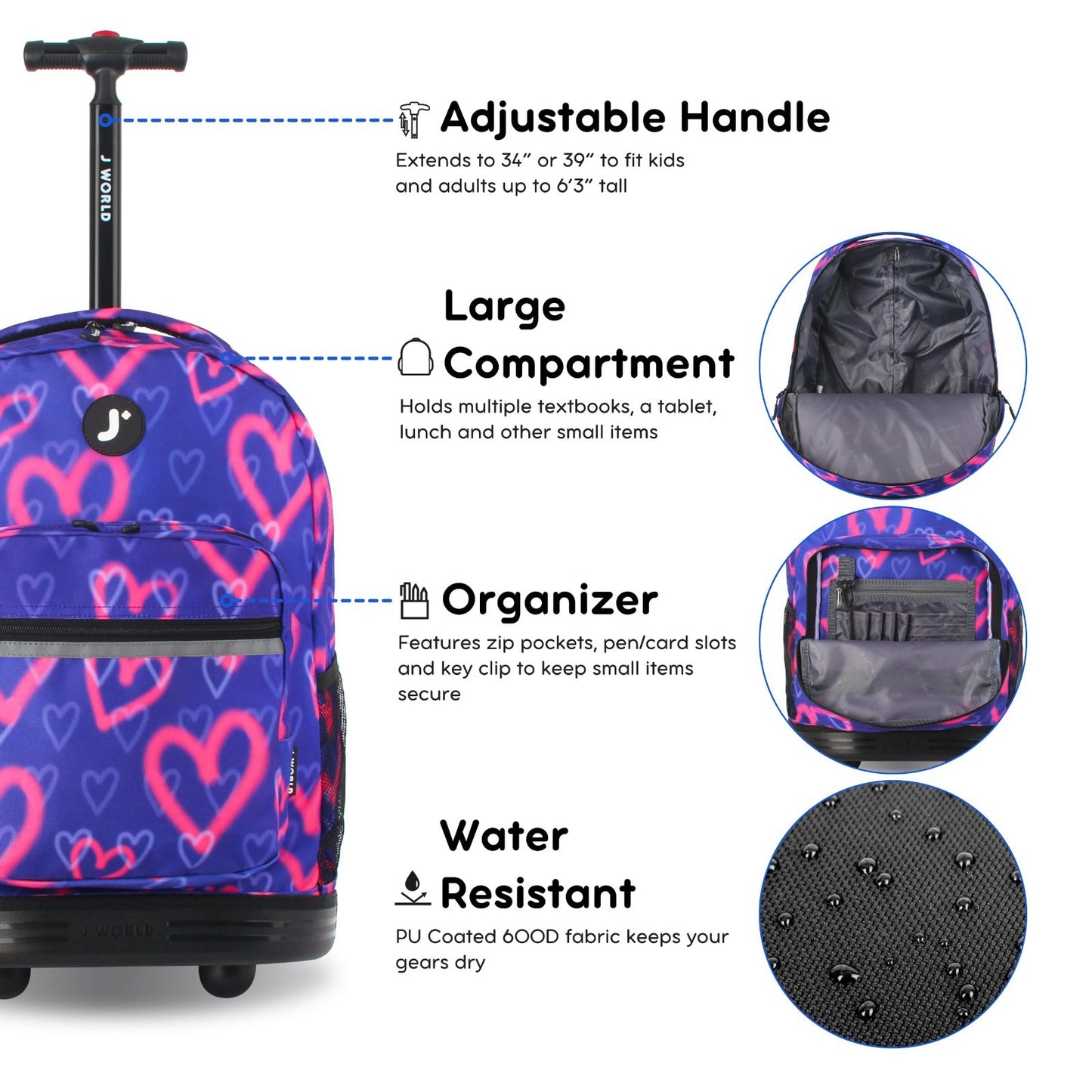 Kids Rolling Backpack with Wheels, 18" Bookbag for School, Heart Spray Design2