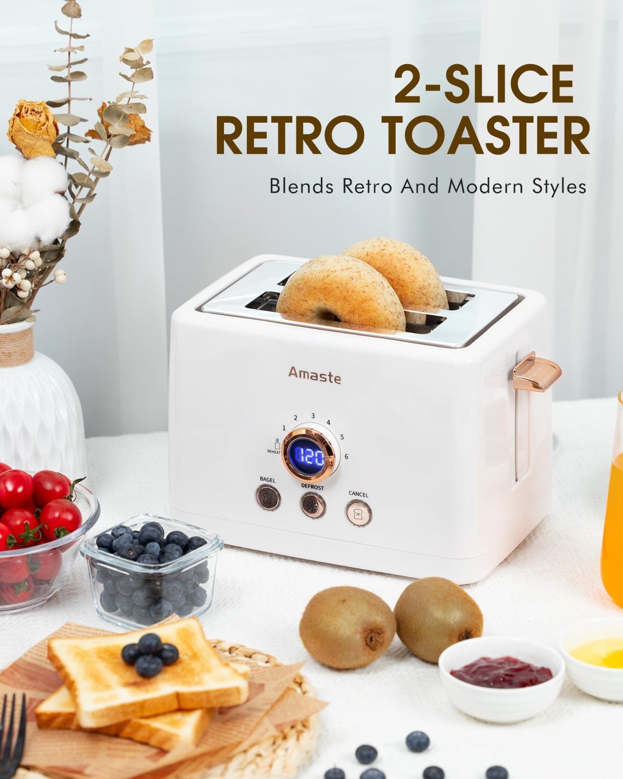 Retro 2 Slice Toaster with LED Display, Extra Wide Slots, 6 Shade Settings, Bage3