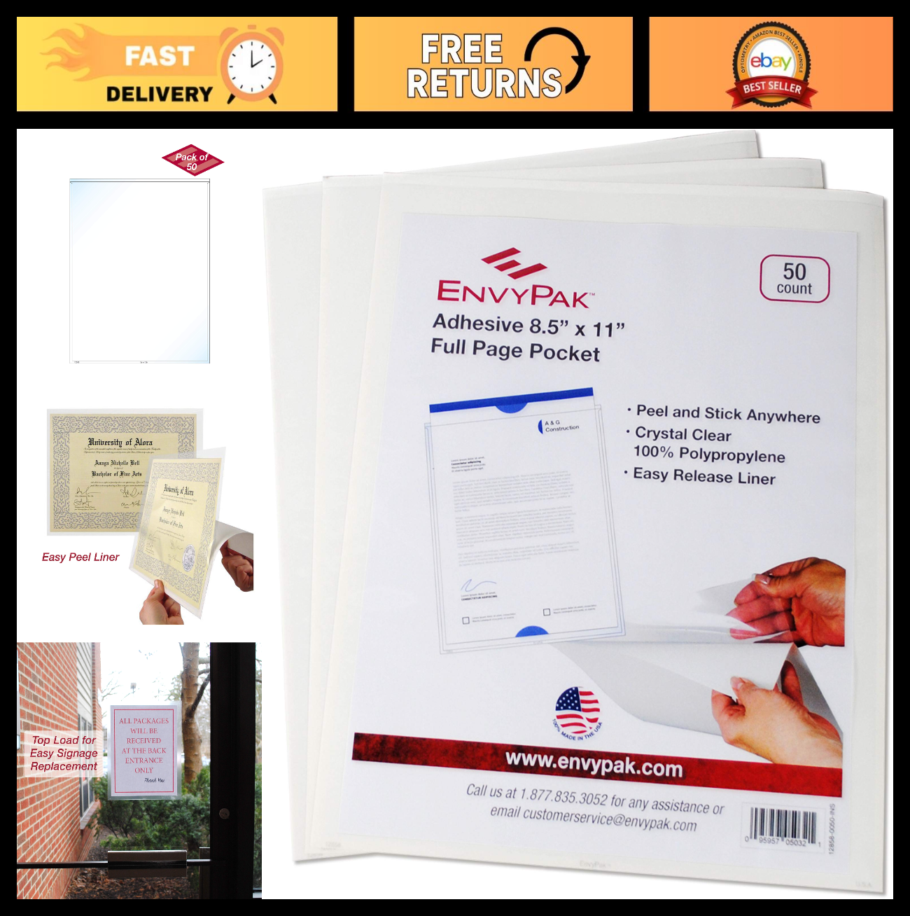 Clear Full Page Pocket Holders - Peel & Stick Adhesive, Top Loading, 8.5"x11", 50