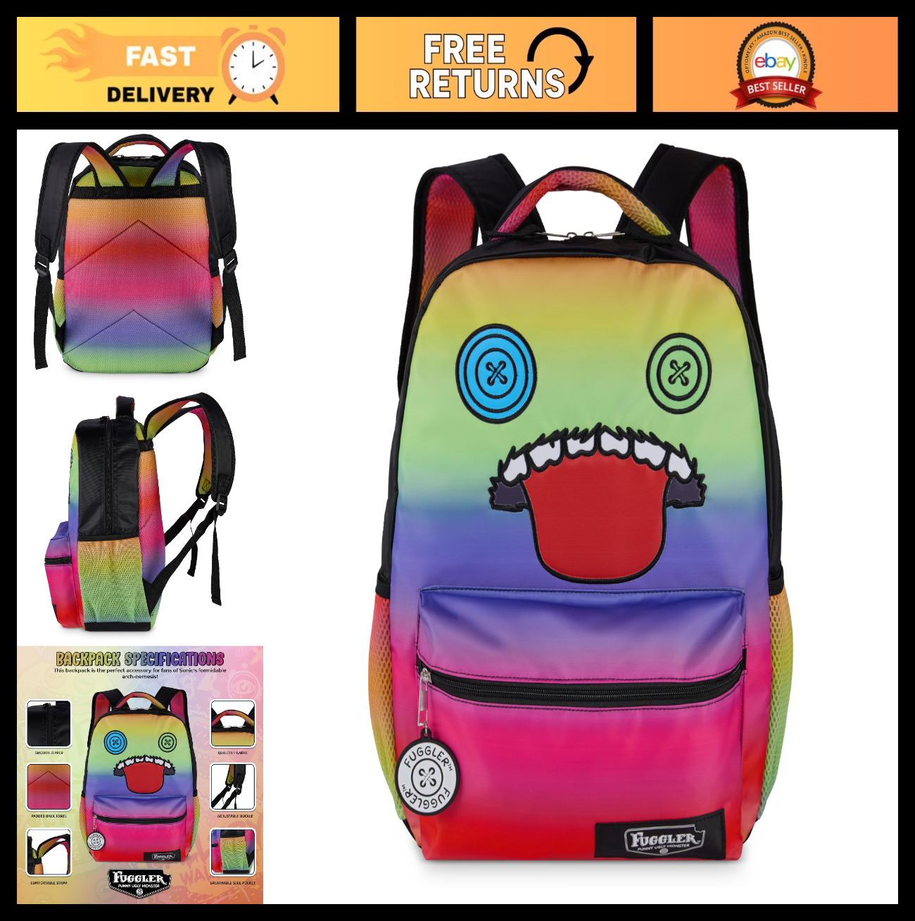 Fuggler Big Face Oogah Boogah Backpack, Rainbow Gradient, 16" Kids Bag, 3 Pocket0