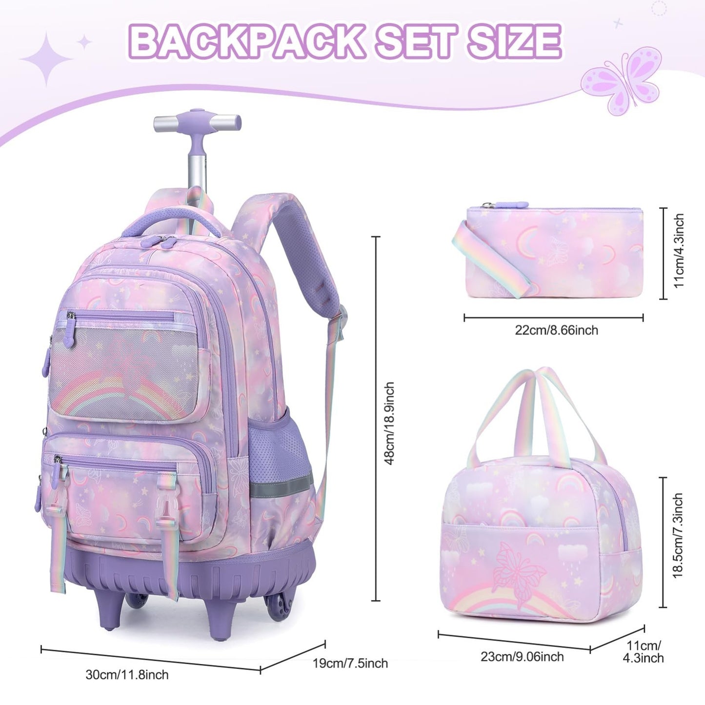 3PCS Girls Rainbow Butterfly Rolling Backpack Set with Lunch Box   Purple2