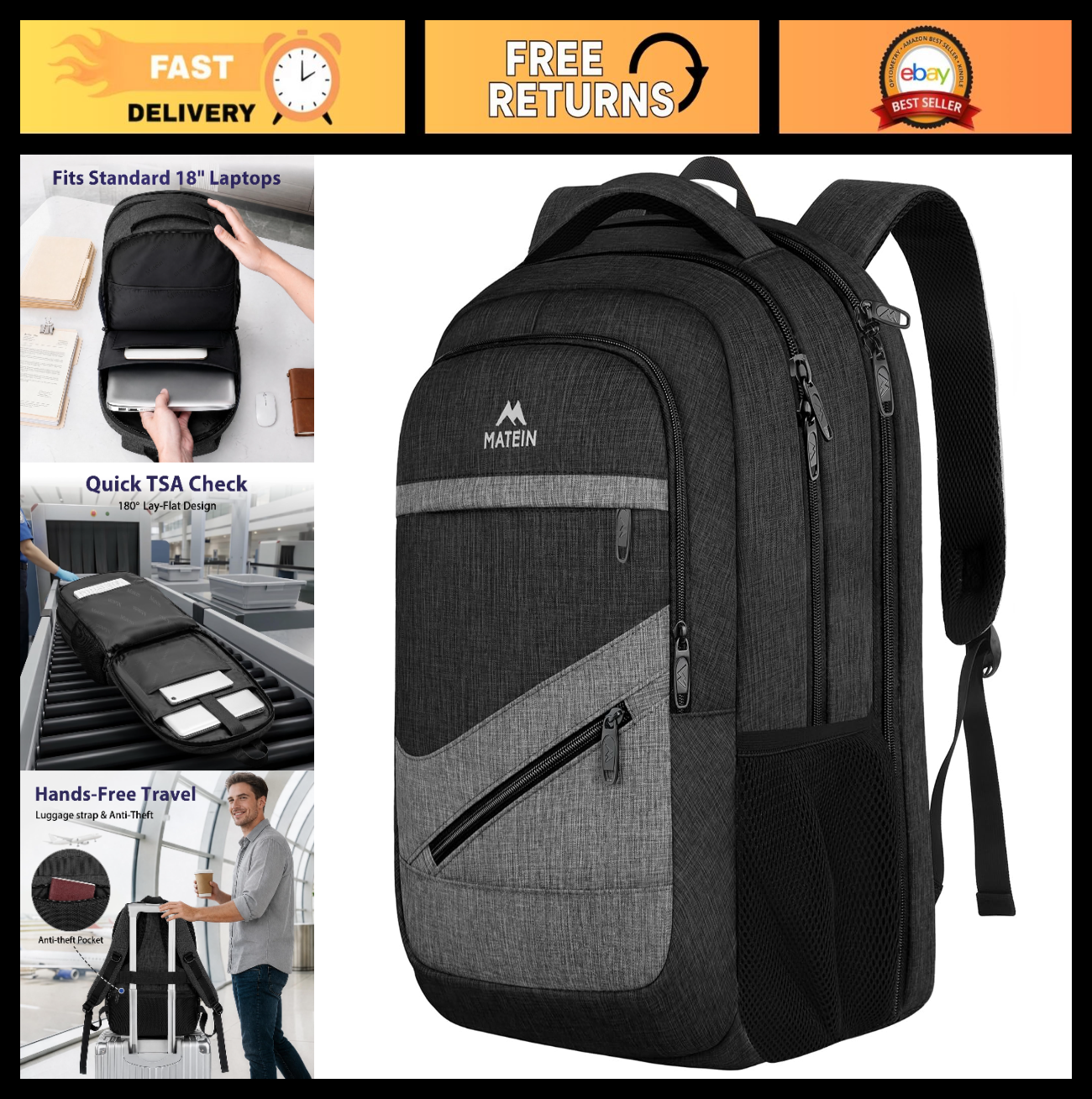 Extra Large 50L Travel Laptop Backpack, Water Resistant Work Bag, Durable & Styl0