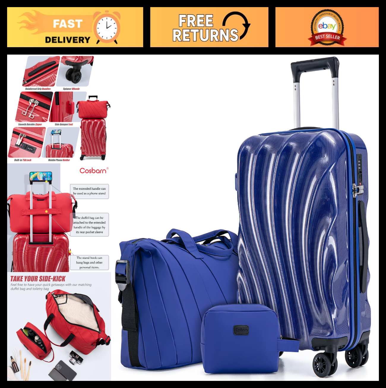 3-Piece Carry On Luggage Set - 22" Hardshell Suitcase, Lightweight, TSA Lock, Sp0