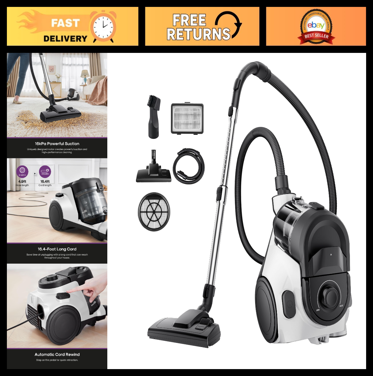 Lightweight Bagless Canister Vacuum Cleaner, 1200W, HEPA, Auto Cord Rewind, 2-in0