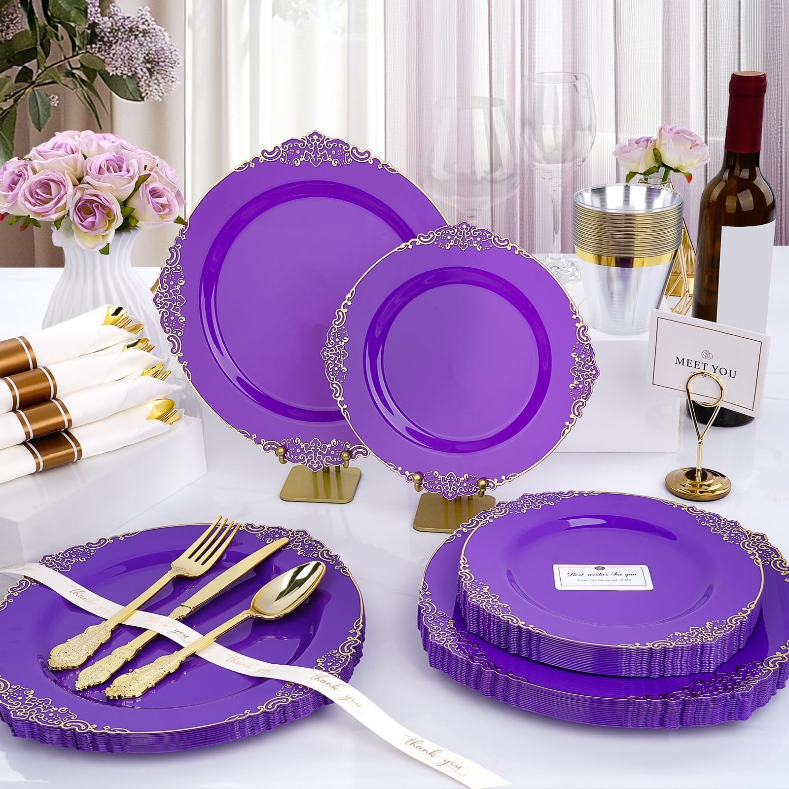 350-Piece Purple & Gold Disposable Dinnerware Set for 50 Guests | Plates, Silver2