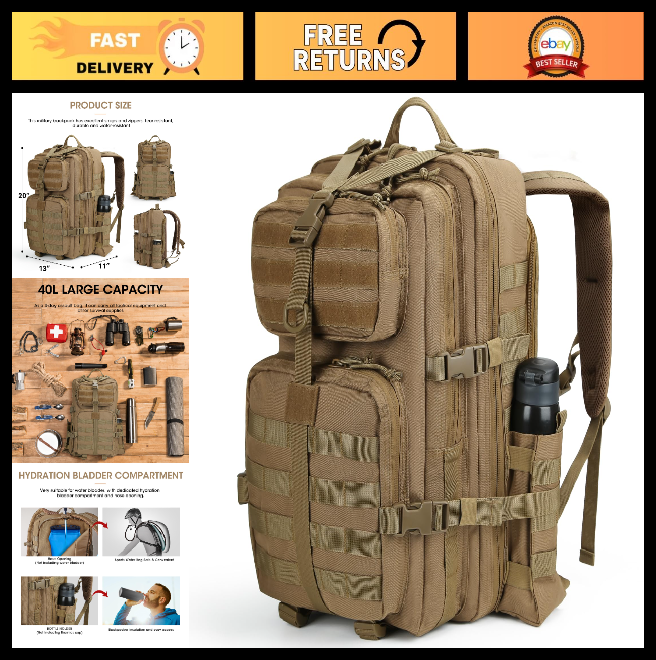Tactical Military Backpack for Men   3 Day Survival Bag, Outdoor Gear, Tan0