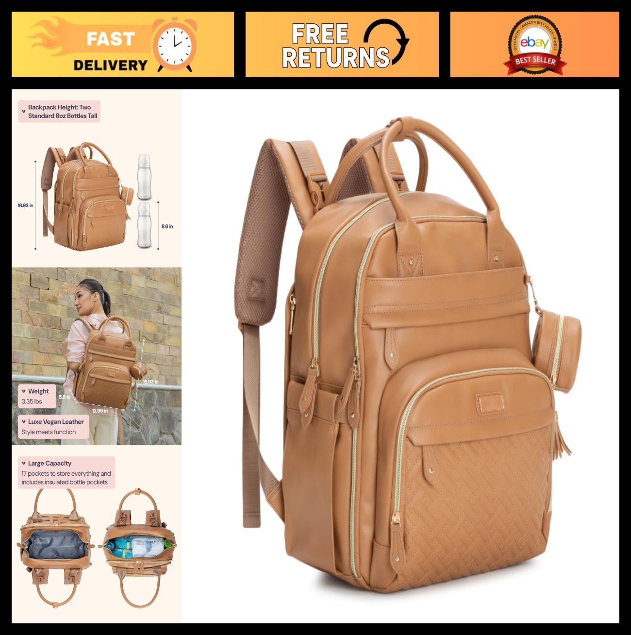 Multi Function Leather Diaper Bag Backpack   Water Resistant, Changing Pad, Stro0