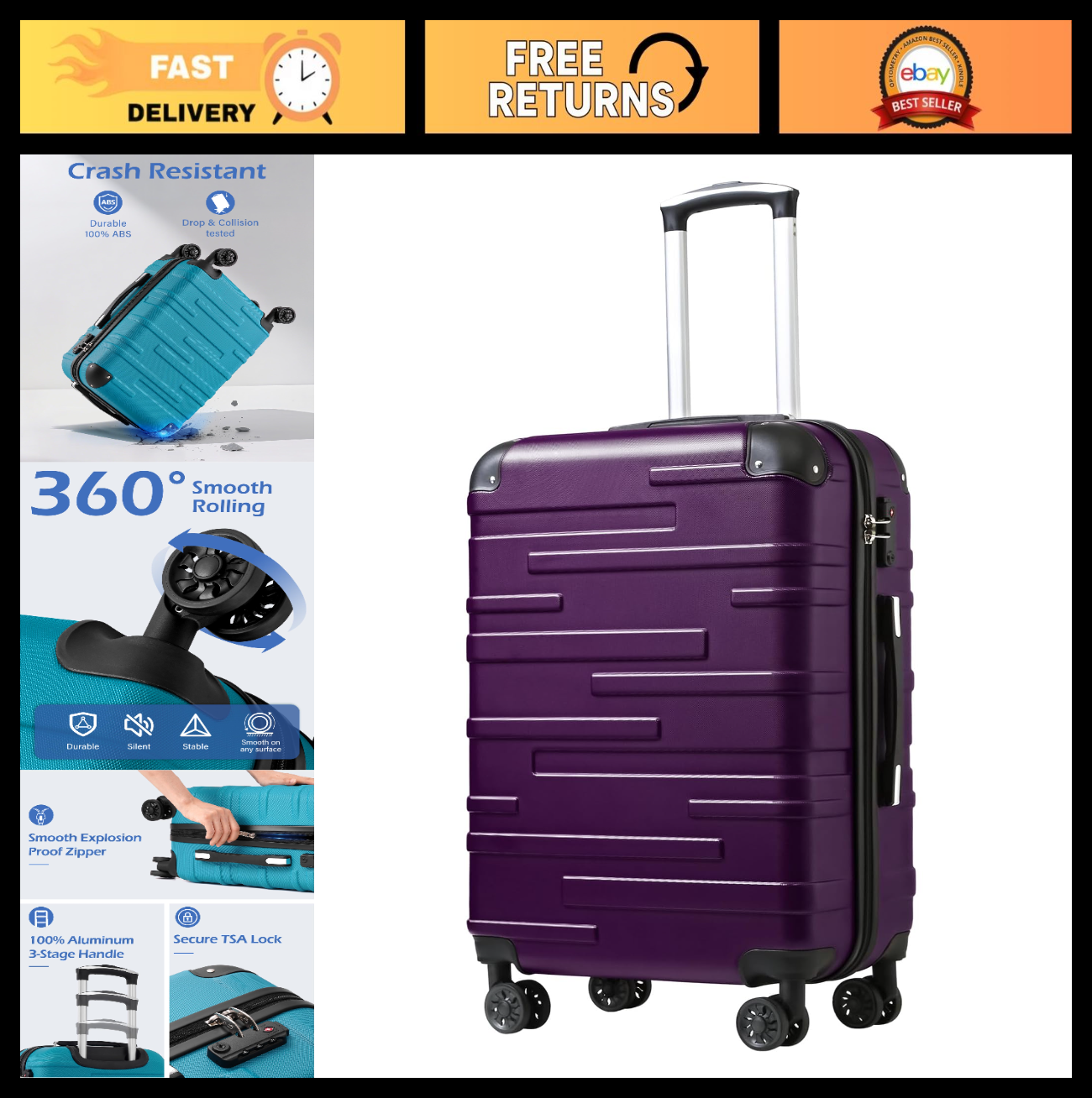 Durable 24" Hardside Luggage with TSA Lock, Scratch-Resistant, 360° Spinner Whee0