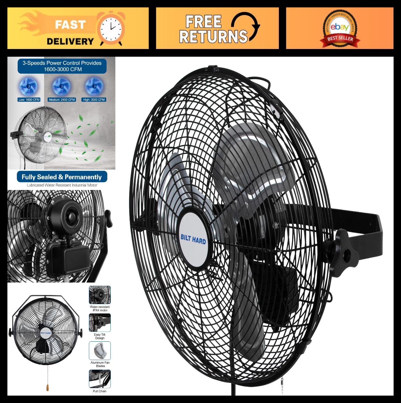 High Velocity 14" Outdoor Wall Mount Fan, 3 Speed 3000 CFM, Waterproof Industria0