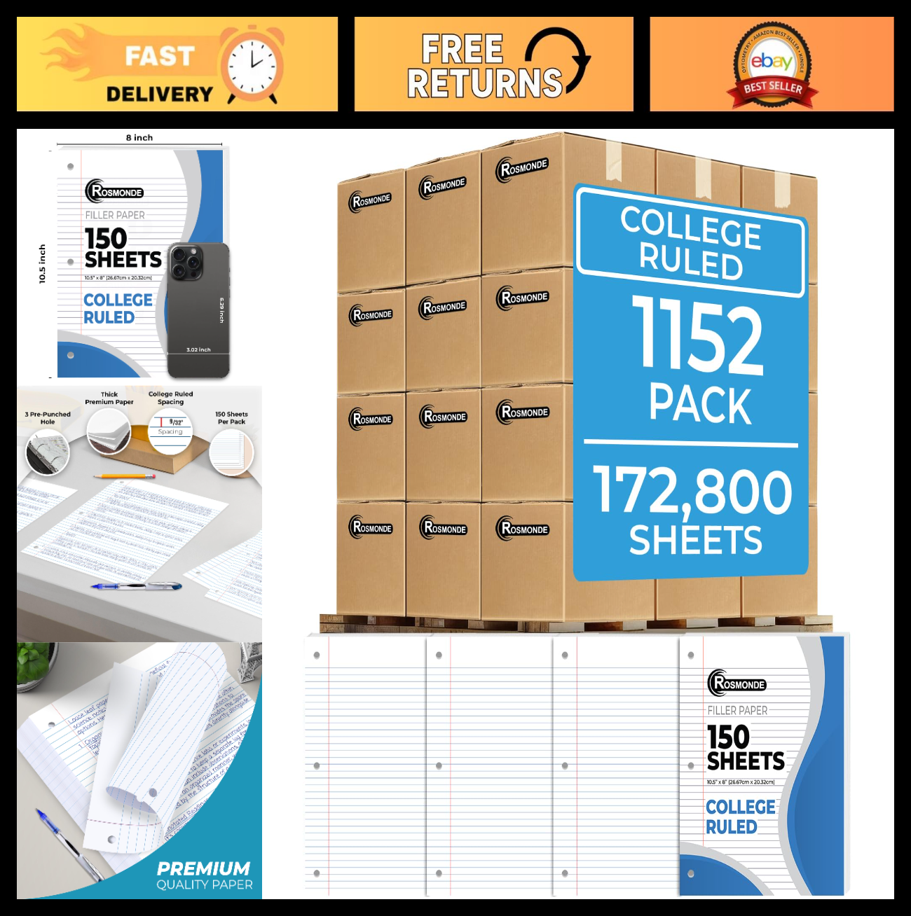1152 Pack College Ruled Loose Leaf Paper, 172800 Sheets, 3 Hole Punched, Bulk Fi0