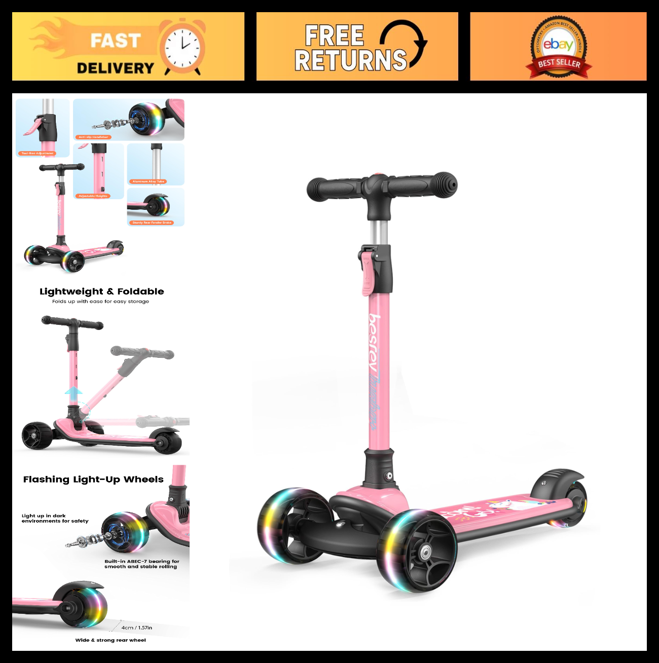 3-Wheel Kids Scooter Ages 3-10, Adjustable Height, Safe & Sturdy Design0