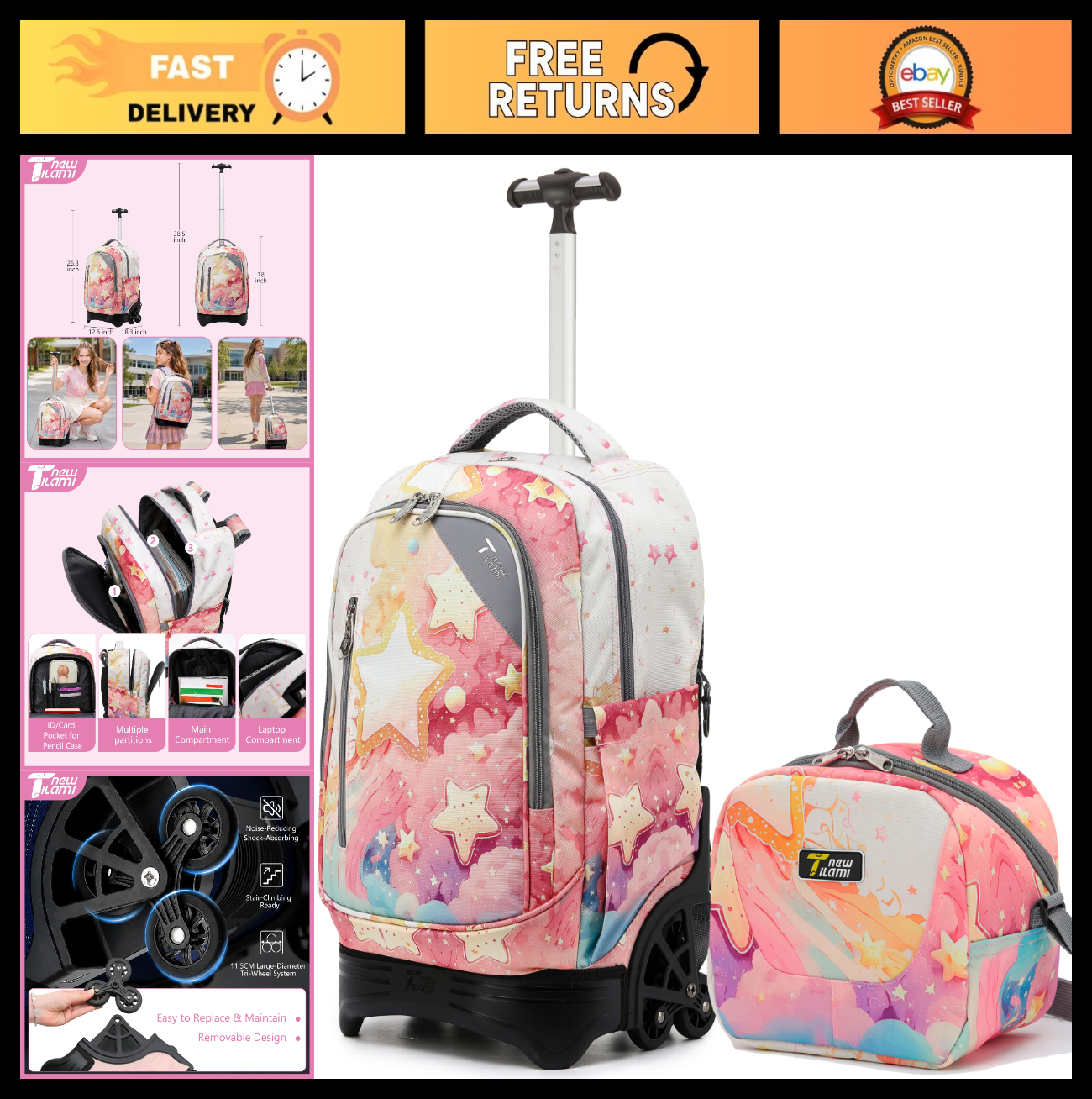 18 Inch Rolling Backpack with Lunch Bag for Kids, School Travel, Durable & Styli0