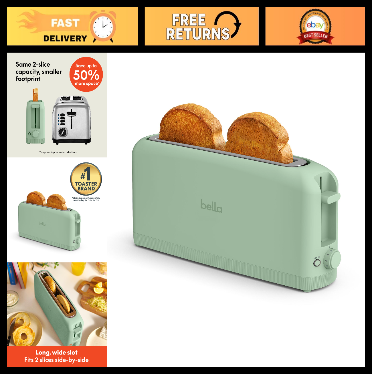 Slim 2 Slice Toaster   Long Slot, Extra Wide, Fits Anywhere, Seaglass Color0