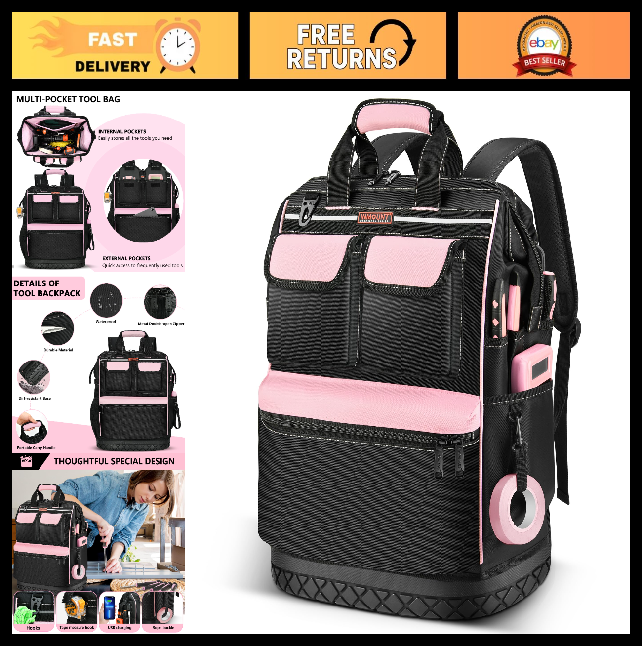Pink Tool Bag for Women   Waterproof Wide Open Tool Backpack with Double Zipper,0