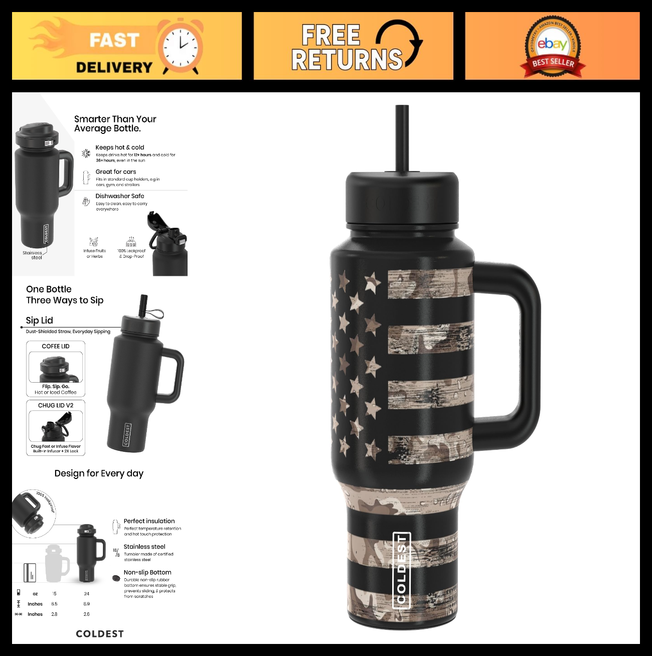 Insulated 24 oz Tumbler with Handle & Coffee Lid   Spill Proof, Leakproof, Cup H0