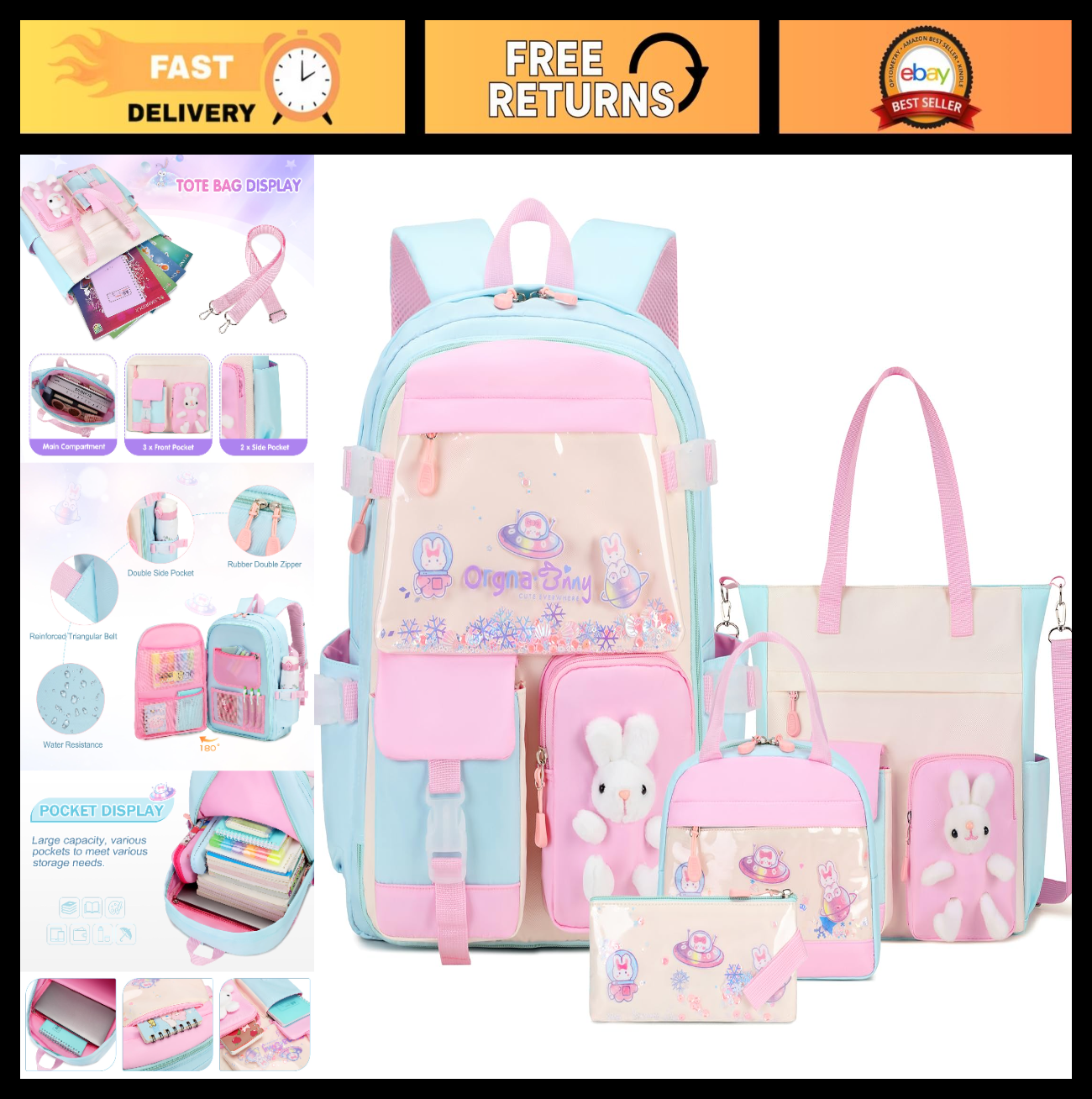 Kawaii Bunny Girls Backpack Set 4PCS   Tote, Lunch Box, Pencil Case   School Bag0